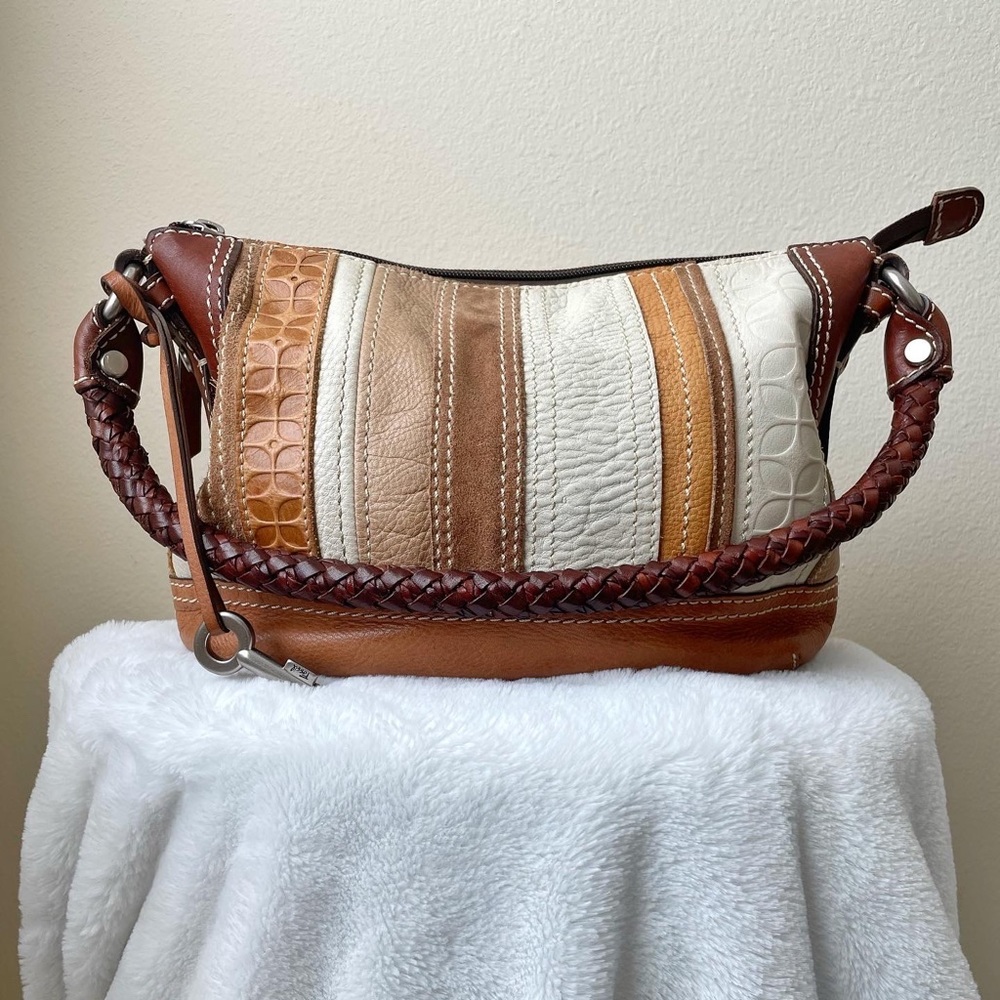Brown and white patchwork fossil shoulder bag